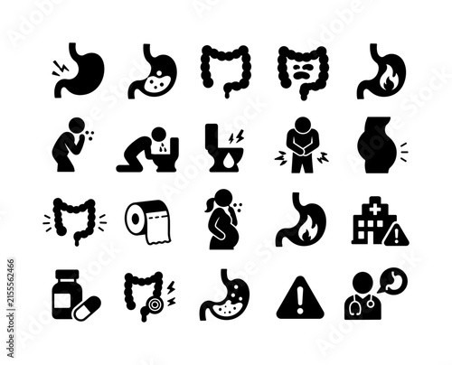 Digestive Discomfort Symptoms, solid glyph icon set of exactly 20 fully filled black medical symbols arranged in a 5x4 grid: stomach ache, indigestion, constipation, diarrhea, heartburn, nausea,
