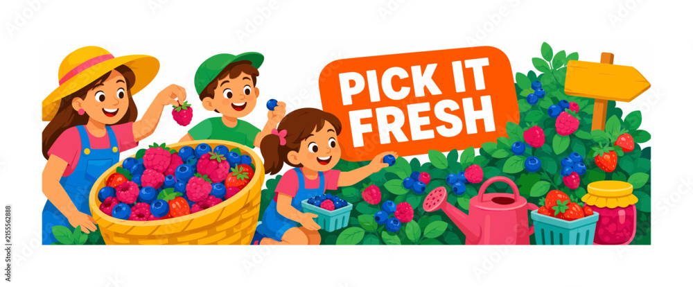 Fototapeta premium Berry Farm Picking banner showing three expressive family visitors gathering ripe berries at a pick-your-own farm, with an oversized berry basket and oversized berry bush, plus sun hat, farm sign,