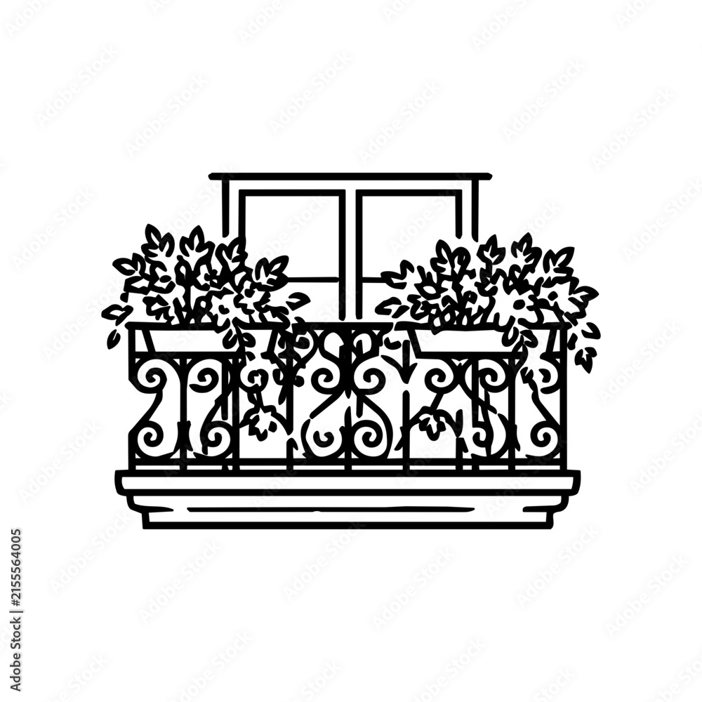 Fototapeta premium Parisian Balcony with Flowers Hand Drawn Outline Icon