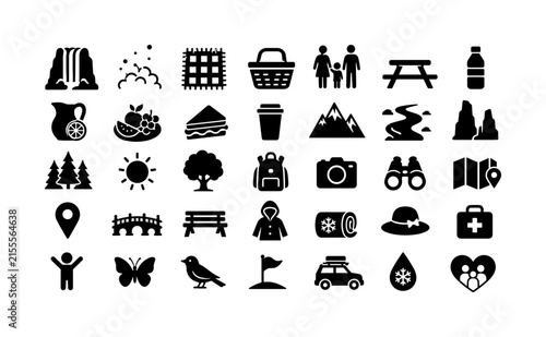 Waterfall Picnic Cooling Mist. Solid glyph icon set of scenic summer waterfall picnics and heat relief: waterfall, cooling mist, picnic blanket, picnic basket, family group, outdoor table, water