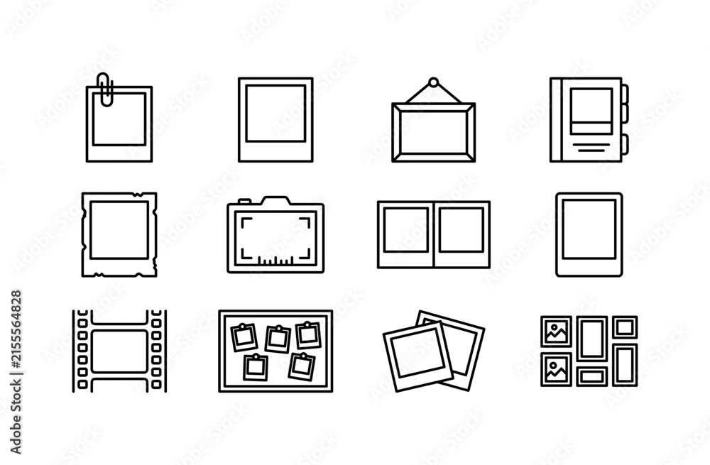Obraz premium Photo Frame Templates, line icon set featuring clipped photo frame, square instant frame, hanging picture, album card, vintage snapshot, camera frame, double-photo layout, blank image card, film