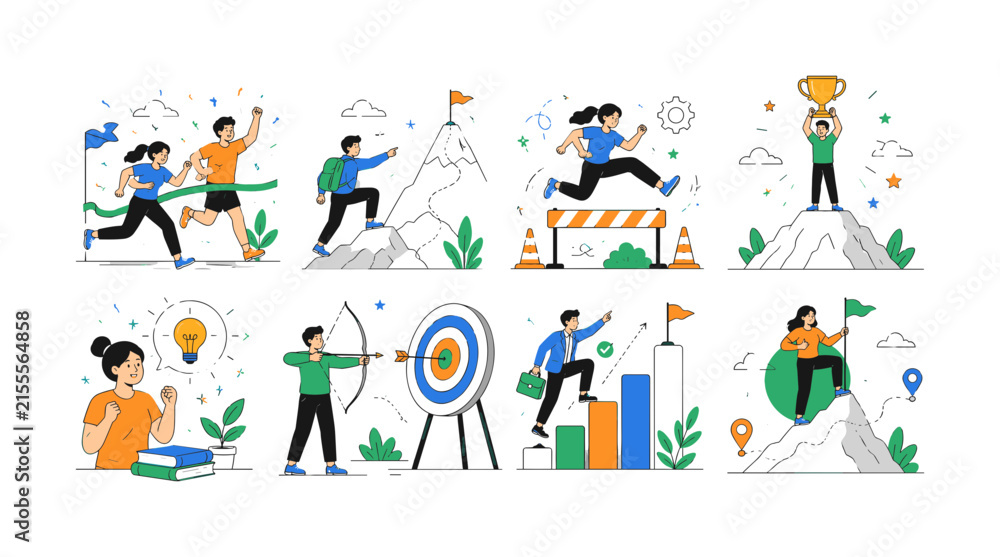 Fototapeta premium Challenge Motivation Success colorful editorial illustration set, not icons, create 8 separate small editorial illustrations about competition, goal, obstacle, achievement, motivation, target, trophy