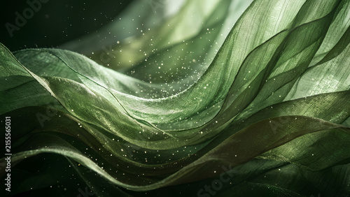 Elegant flowing green silk fabric with shimmering sparkles background