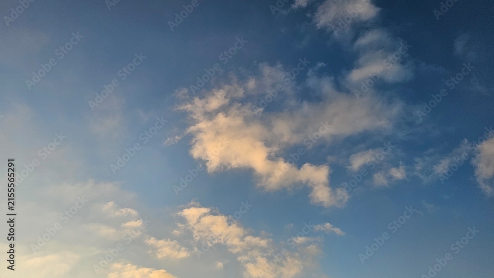 Obraz premium Scattered white and golden-tinted cumulus clouds drift across a bright blue sky during golden hour lighting.