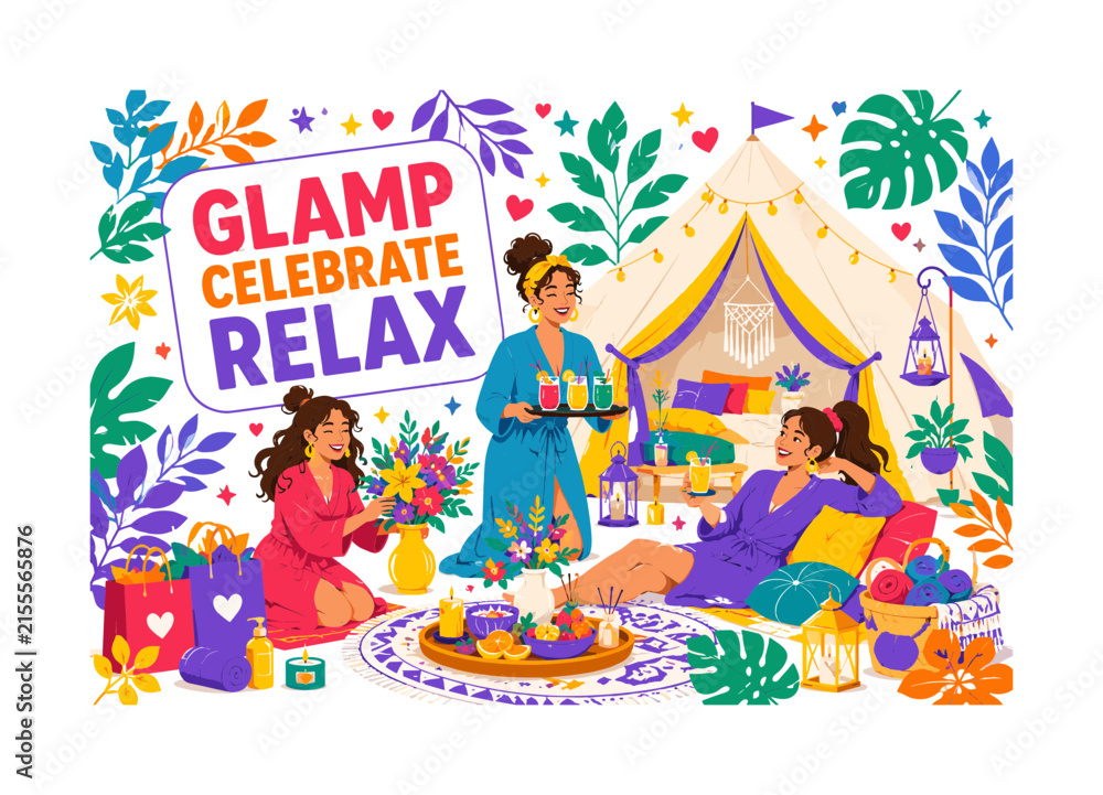 Naklejka premium Glamping Bachelorette Nature Retreat banner illustration showing three friends celebrating beside an oversized luxury glamping tent and a large wellness picnic setup, one arranging flowers, one
