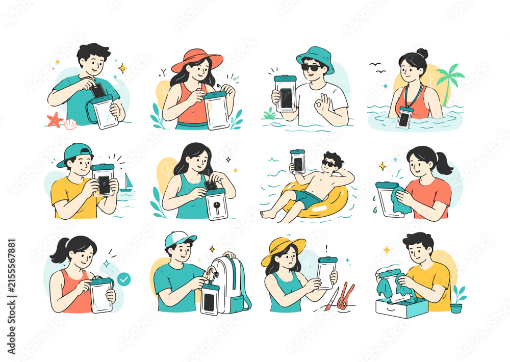 Fototapeta premium Waterproof Phone Beach Pouch. Phone protection, beach travel, pool safety, swimming accessories, waterproof storage, and vacation gear. 12 minimalist editorial vector scenes: traveler sliding a phone