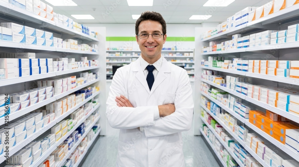 Fototapeta premium Professional Male Pharmacist Smiling with Arms Crossed in Modern Pharmacy Drugstore