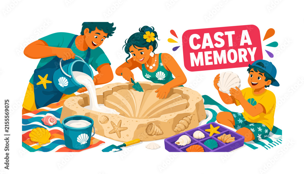 Naklejka premium Beach Sand Casting Banner illustration showing a family workshop with three participants creating an oversized plaster sand cast beside a large carved beach mold, one pouring mixture, one shaping