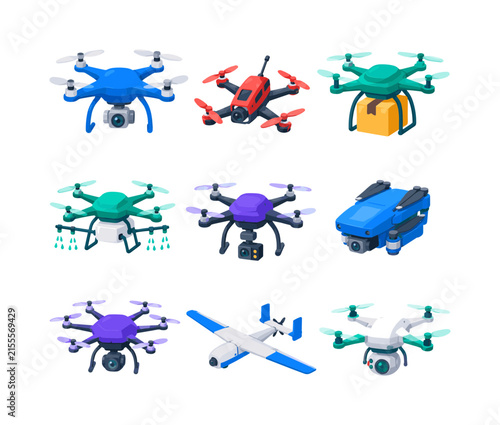 Drone Technology Models bright flat vector icon set, 9 isolated drone icons featuring camera quadcopter, racing drone, delivery drone, agricultural drone, industrial inspection drone, compact folding
