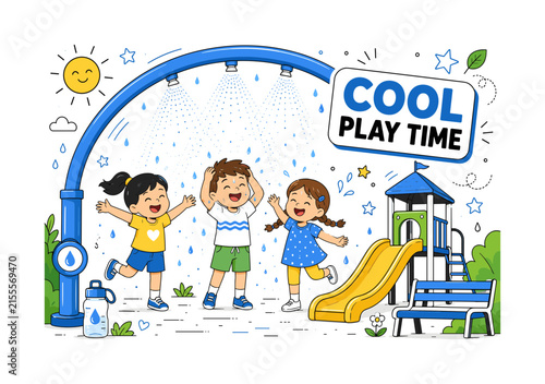 Misting Playground Arch. Clean editorial banner showing three children cooling down beneath one oversized misting arch and one large playground slide, with a water bottle, park bench, sun symbol, and