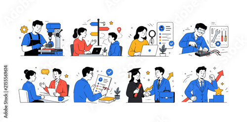 Vocational Career Pathways, clean editorial illustration set of exactly 8 separate small editorial scenes arranged in a 4x2 layout: skilled worker training, career guidance session, job search,