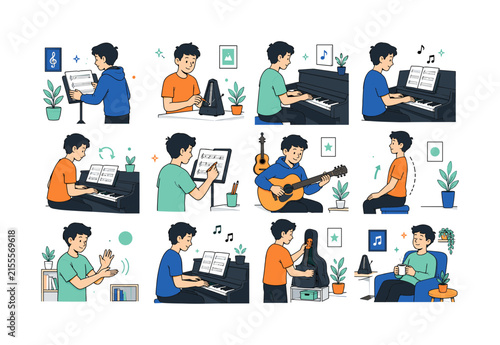 Music Practice Corner Routine. Student practice, sheet music, piano, guitar, arts education, instrument care, creative routines, and school activities. 12 minimalist editorial vector scenes: student