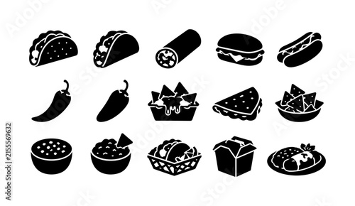 Mexican Street Food — solid glyph icon set with exactly 15 fully filled black food symbols arranged in a 5x3 grid: hard-shell taco, soft taco, burrito, sandwich, hot dog, chili pepper, jalapeño,