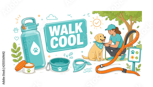 Dog Cooling Walk Gear. Clean editorial banner showing a dog owner preparing for a shaded summer walk, with an oversized water bottle and large leash extending across the canvas; add paw balm,