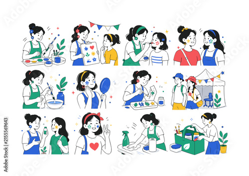 Festival Glitter Free Face Art. Eco-friendly festival beauty, biodegradable materials, colorful face painting and environmental awareness. 12 minimalist editorial vector scenes: an artist prepares