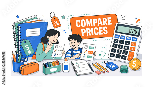School Supply Price Comparison. Clean editorial banner showing a parent and student comparing school-supply prices at a retail table, with an oversized calculator and large notebook stack extending