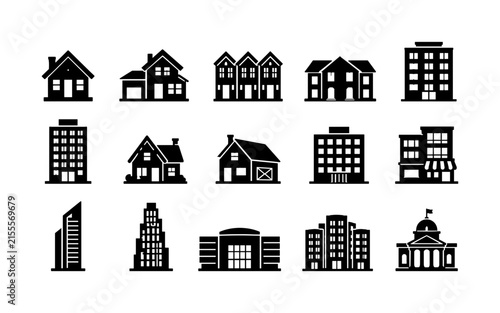 Urban Building Profiles — Solid glyph icon set with exactly 15 fully filled building silhouettes arranged in a 5x3 grid: detached house, suburban home, townhouse, duplex, apartment block, condominium