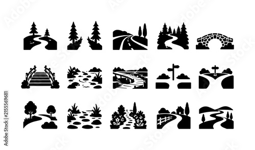 Pathways Bridge Routes, solid glyph icon set, create exactly 15 fully filled black landscape icons arranged in a 5x3 grid: winding footpath, straight trail, rural road, forest track, stone bridge,