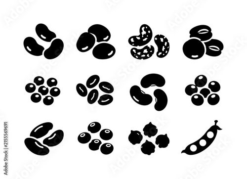 Bean Variety Collection solid glyph icon set, 12 fully filled black glyph icons featuring navy bean, lima bean, pinto bean, fava bean, mung bean, adzuki bean, kidney bean, black bean, cannellini bean,