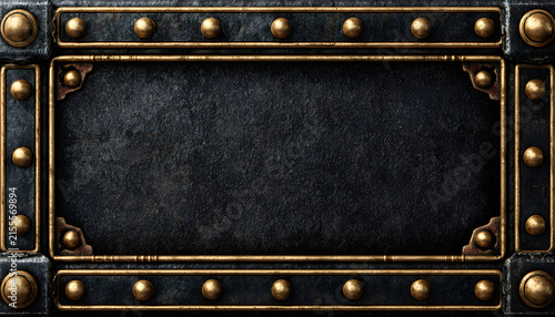 Steampunk metal frame border with rivets and gold trim. Dark textured center background for copy space. Industrial design element, retro background for text.