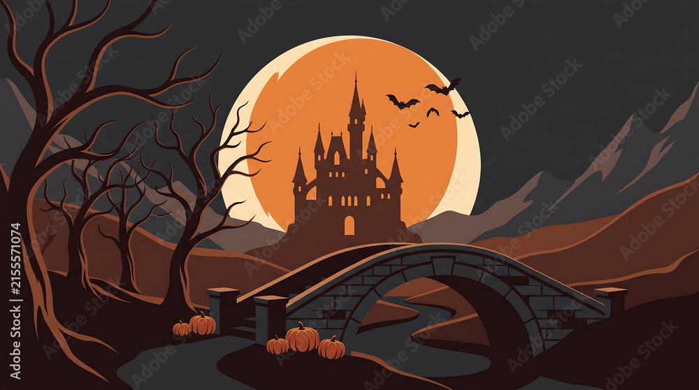 Fototapeta premium Haunted castle at night with full moon and flying bats in gothic horror scene