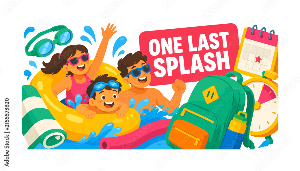 Naklejka premium Final Pool Day banner showing three expressive family members enjoying one last swim before school starts, with an oversized inflatable ring and oversized backpack, plus goggles, towel, school