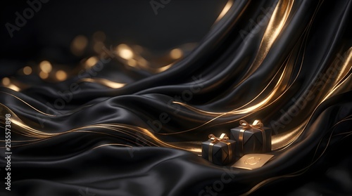 Small gift boxes on black satin background with golden light trails for black friday shopping presents celebration glamorous background discount