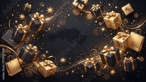 Black friday luxury shopping sale background with golden gift boxes and shopping bags floating on dark backdrop with glowing particles shopping promotion particles