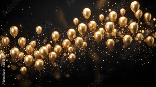 Festive black friday celebration with floating metallic gold balloons and glittering confetti on dark background balloons celebration metallic confetti background
