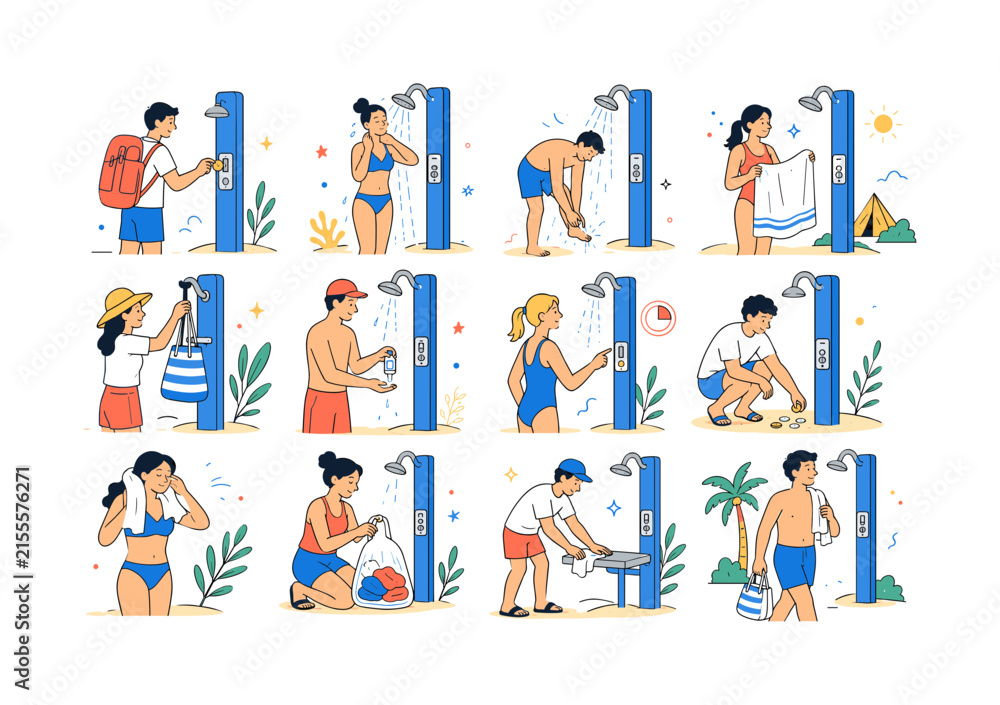 Fototapeta premium Outdoor Coin Shower Stop. Beach showers, campground hygiene, coin slots, summer travel, towels, outdoor facilities, and vacation routines. 12 minimalist editorial vector scenes: traveler inserting a