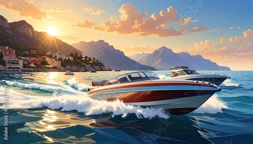 Vibrant Speedboat Cutting Through Sunlit Sea with Mountain Coast