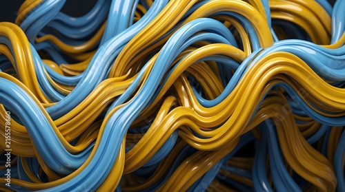 Fototapeta Flowing tangled blue and yellow cables in abstract liquid movement.