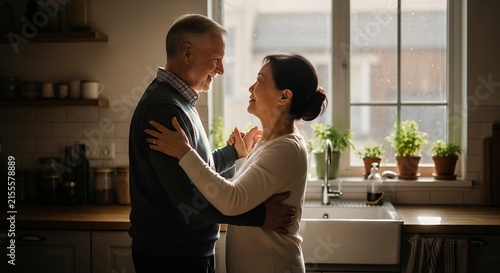 Happy couple embracing in a bright modern kitchen home life romance and affection moment