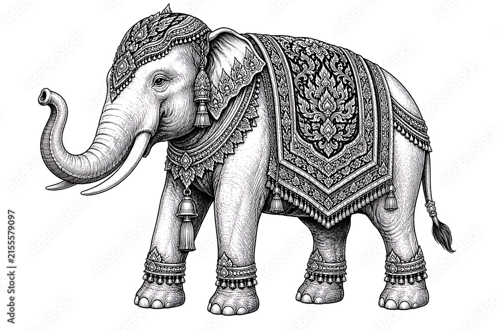 Obraz premium Detailed Artistic Illustration of an Ornate Elephant with Intricate Patterns, Perfect for Unique Decor and Cultural Themes