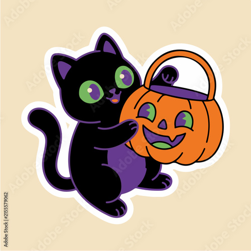 Cute black cat holding a Halloween pumpkin basket, spooky kitten sticker vector, retro cartoon character illustration