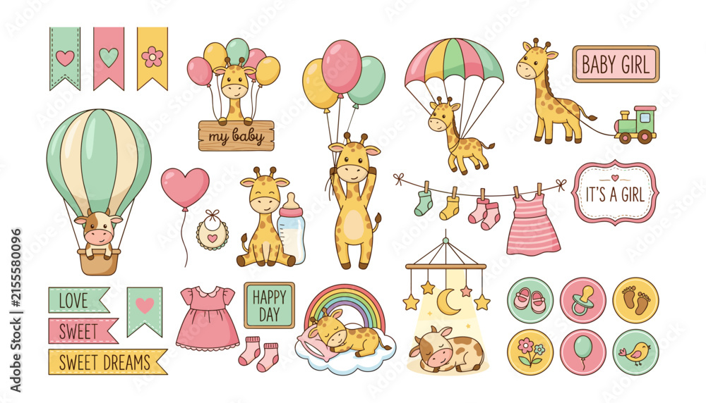 Obraz premium Cute baby girl shower elements collection with cartoon giraffe character balloons crib mobile and festive badges