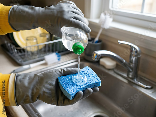 Person in rubber gloves applying clear dish soap to blue sponge in modern kitchen near sink.