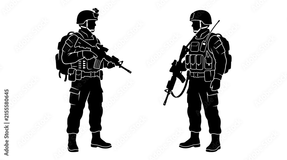 Naklejka premium Soldier silhouettes with rifles and tactical gear against a white background