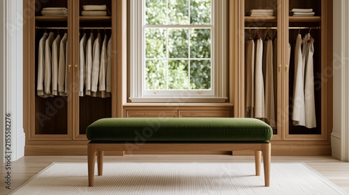 Elegant Dressing Room: A serene dressing room features custom-built wooden closets filled with neatly hung clothing, a plush green bench at the center, and a large window overlooking lush greenery.