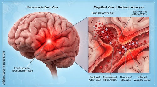 Medical illustration of a ruptured brain aneurysm and hemorrhage