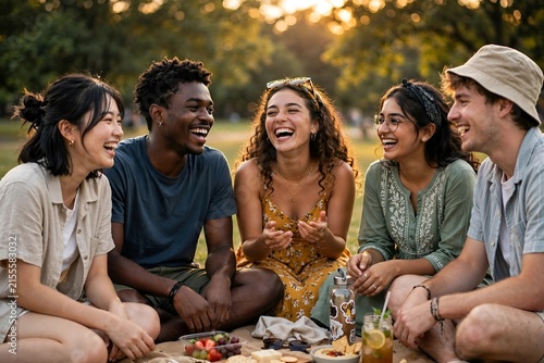 Five Friends Chatting and Laughing at Golden Hour Picnic