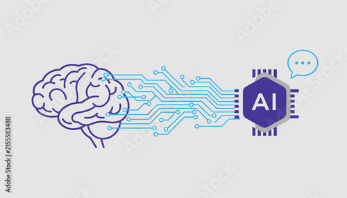 Diagram showing a human brain connected by electronic circuit lines to an artificial intelligence computer chip.