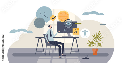 Web accessibility Tiny illustrated, a designer reviews a monitor with magnifying glass and accessibility icon, conveying inclusive UX and readable content, transparent background