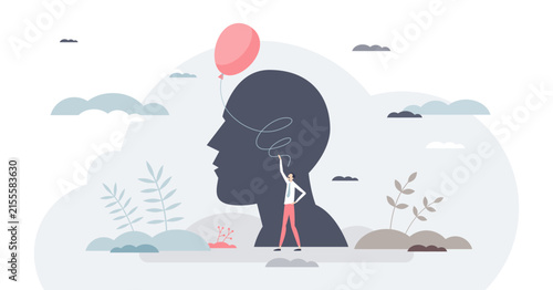 Inner child concept, a small figure releases a balloon from a head silhouette, symbolizing play, memory, and healing, transparent background. Objects, head, balloon, figure