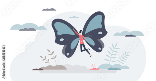 Inner child transformation, tiny girl with butterfly wings flying in clouds, symbolizing healing, play, and growth, key objects, wings, girl, clouds, transparent background