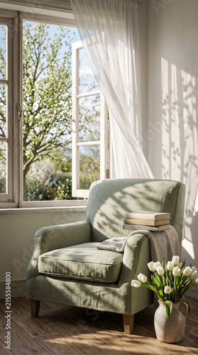 Pale sage armchair by open window, sheer curtain billowing in spring breeze, dappled leaf shadows on chair, white tulips beside, fresh atmosphere