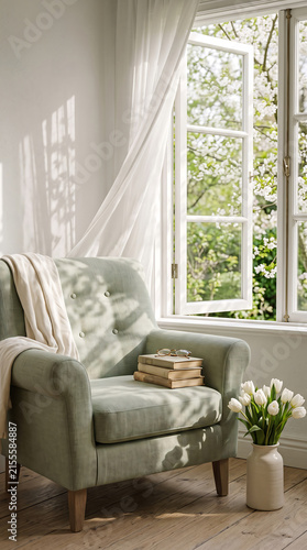Spring interior detail, linen chair with moving curtain and tree shadow pattern, ceramic vase with tulips on floor, warm fresh daylight