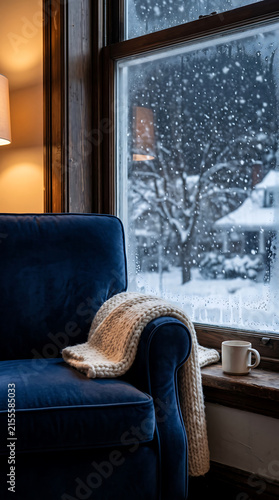 Navy velvet armchair at window showing snowfall, warm amber lamp glow on velvet versus cold blue-white snow light, cream blanket on arm, mug on sill