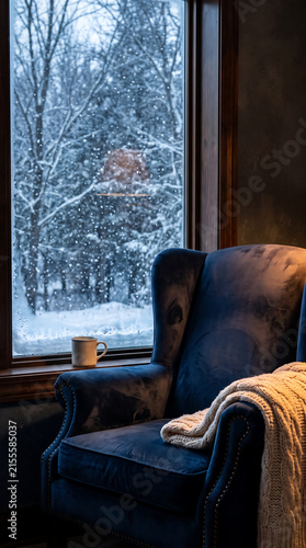 Winter interior close-up, deep blue chair with falling snow outside, warm cold contrast lighting, condensation at window edge, no people
