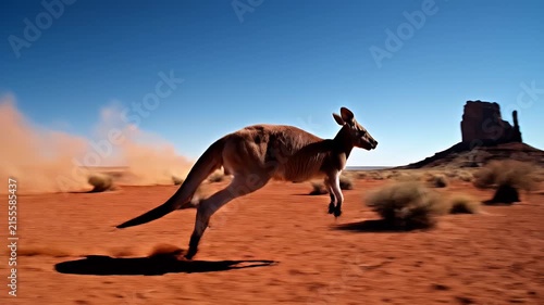 A red kangaroo leaps across the arid Australian desert landscape kicking up dust under a clear blue sky